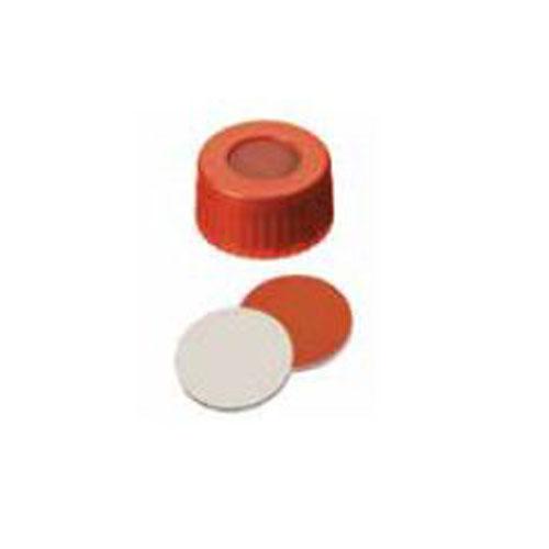 Vial Caps, 9mm for 1.5mL Vials, Screw Thread w/Non-slit Red Rubber/PTFE Septa, 100/pk, No Vials